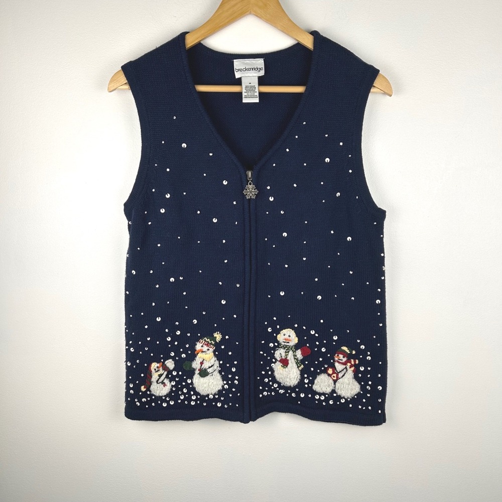 Vintage Breckenridge Navy Blue Snowman Sequin Zip Up Vest Women's Medium